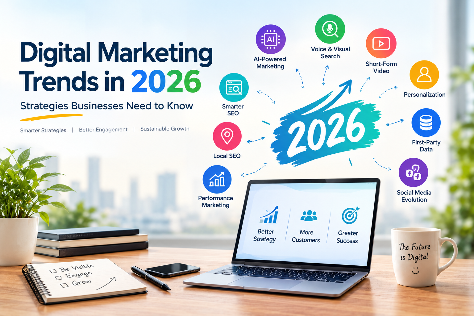 Digital marketing trends in 2026 featuring AI marketing, voice and visual search, short-form video, personalization, first-party data, social media, performance marketing, and local SEO.