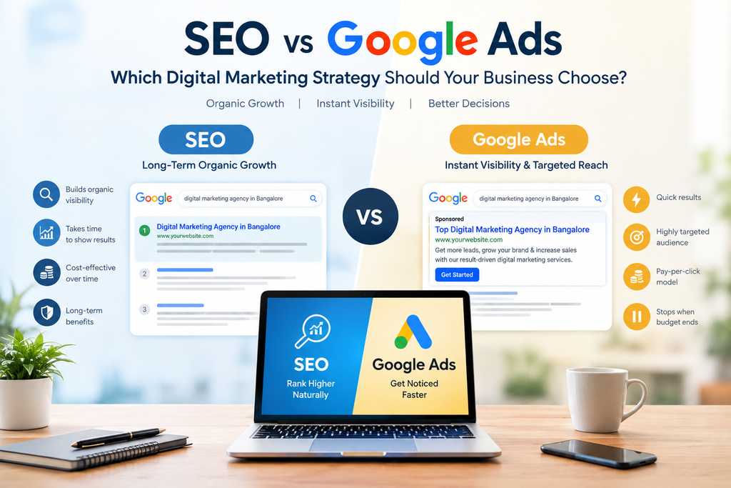 SEO vs Google Ads comparison showing organic growth, paid search visibility, targeting, and digital marketing strategies.