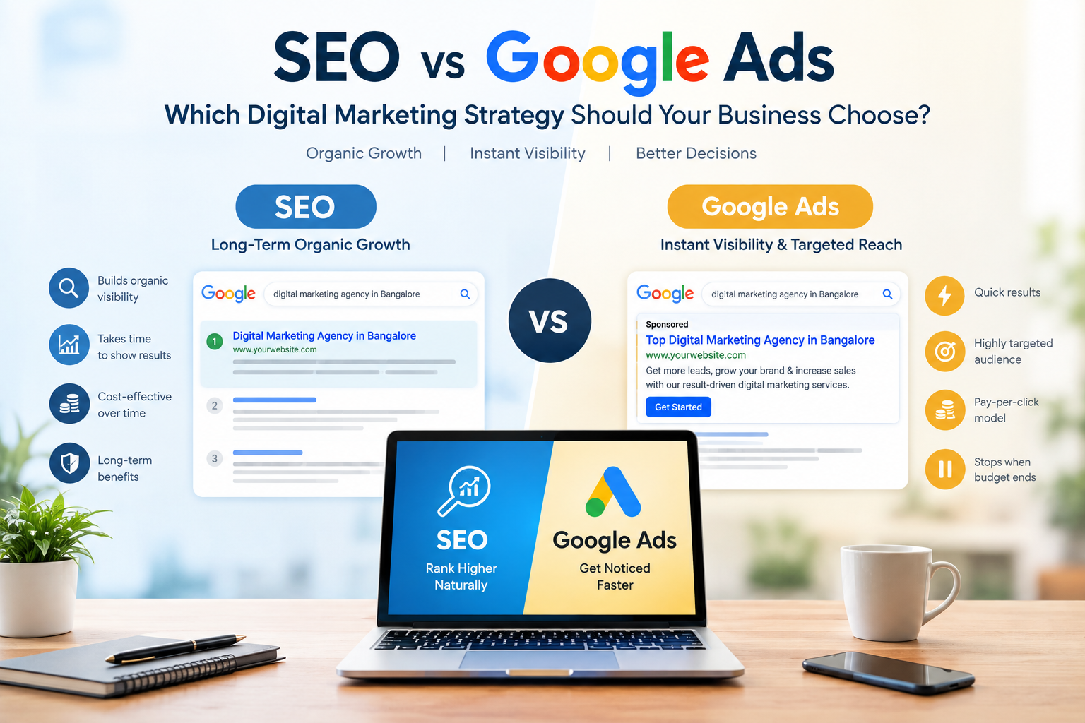 SEO vs Google Ads comparison showing organic growth, paid search visibility, targeting, and digital marketing strategies.
