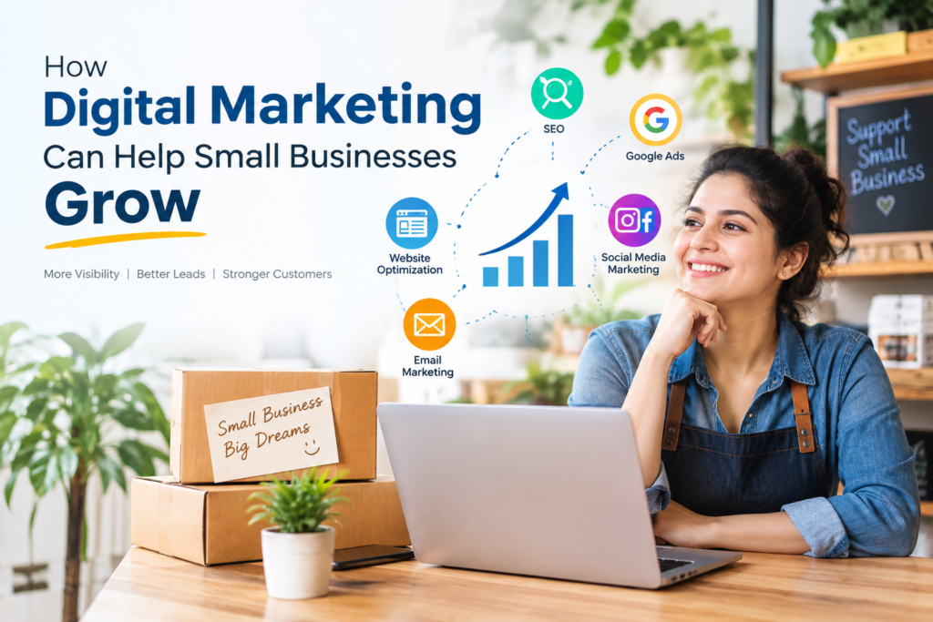 Digital marketing helping small businesses grow through SEO, Google Ads, social media, email marketing, and website optimization.
